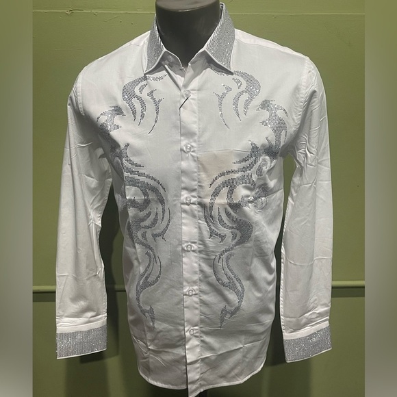 deniko Other - Deniko Men's White and white Embroidered Shirt rhinestone modern fit